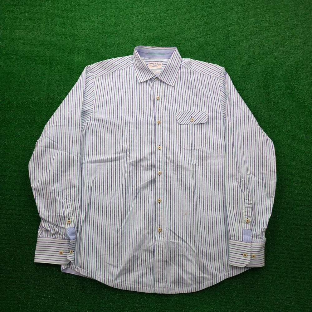 Tommy Bahama Jeans Shirt Mens Medium Blue Green Striped Island Modern Fit